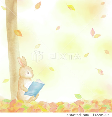 A cute rabbit reading a book in a forest where fallen leaves are swirling. Watercolor frame background material. Themes: Autumn reading, education. A cute rabbit reading a book in a forest where fallen leaves are swirling. Watercolor frame background material. Themes: Autumn reading, education. 142205006