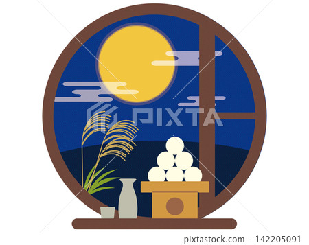 Illustration of moon viewing on the fifteenth night of the lunar month: A Japanese-style background featuring a full moon viewed through a round window, moon-viewing dumplings, and pampas grass. Illustration of moon viewing on the fifteenth night of the lunar month: A Japanese-style background featuring a full moon viewed through a round window, moon-viewing dumplings, and pampas grass. 142205091