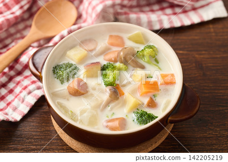 Creamy soup with lots of ingredients Creamy soup with lots of ingredients 142205219