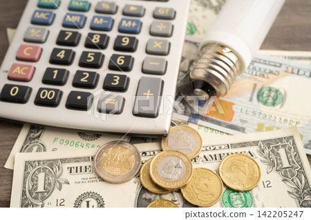 Cost of electric utilities with light bulb for payment. Cost of electric utilities with light bulb for payment. 142205247