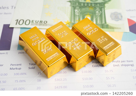 Gold bars on Euro banknote money, finance trading investment business currency concept. 142205260