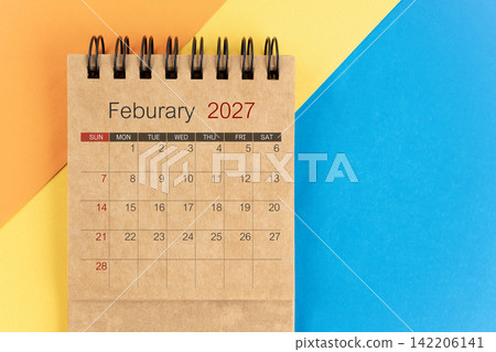 February 2027 brown color mini calendar on colorful background. February 2027 brown color mini calendar on colorful background. 142206141