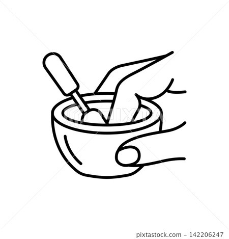 Line art icon depicting a hand using a carving tool to refine a small ceramic pot. Line art icon depicting a hand using a carving tool to refine a small ceramic pot. 142206247