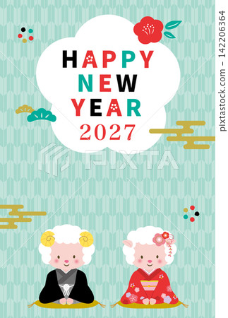 一張新年賀卡,上面畫著兩隻穿著和服的綿羊,向你致以新年祝福-2027,羊年 一張新年賀卡,上面畫著兩隻穿著和服的綿羊,向你致以新年祝福-2027,羊年 142206364