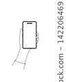 A line drawing illustration of a woman's hand holding a black smartphone in one hand. 142206469