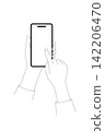 A line drawing illustration of a woman's hand tapping the screen of a black smartphone. 142206470