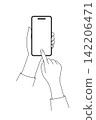 A line drawing illustration of a woman's hands as she takes a photo with a black smartphone. 142206471