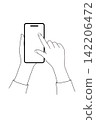 A line drawing illustration of a woman's hands pinching out to zoom in on a black smartphone screen. 142206472