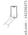 A line drawing illustration of a woman's hand holding a black smartphone in one hand to take a selfie. 142206473