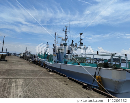 A fishing port and moored fishing boats on a sunny day. 142206582