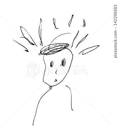 一幅單色手繪線條畫，描繪了一個正在思考某個想法的人。 142206883