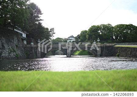 The historical scenery of the Nijubashi Bridge at the Imperial Palace reflected in the water. The historical scenery of the Nijubashi Bridge at the Imperial Palace reflected in the water. 142206893