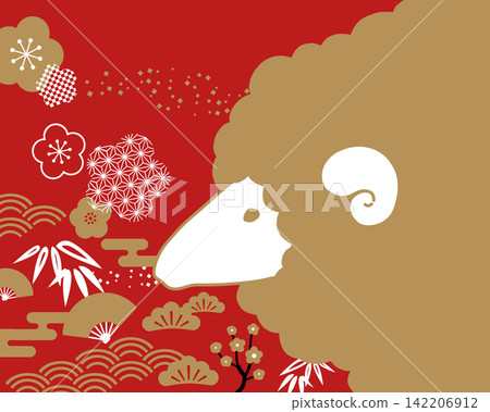 A New Year's card featuring a silhouette of a sheep against a vibrant Japanese pattern background. 142206912
