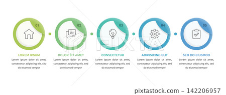 Five Step Horizontal Process Infographic Diagram with Circle Icons Five Step Horizontal Process Infographic Diagram with Circle Icons 142206957