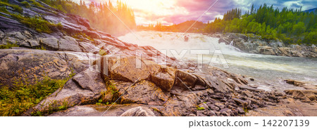 Landscape with beautiful powerful waterfall. Wild nature of Norway Landscape with beautiful powerful waterfall. Wild nature of Norway 142207139