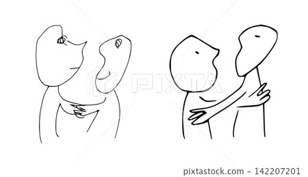 A set of monochrome hand-drawn line art depicting two pairs of people connecting with each other. A set of monochrome hand-drawn line art depicting two pairs of people connecting with each other. 142207201