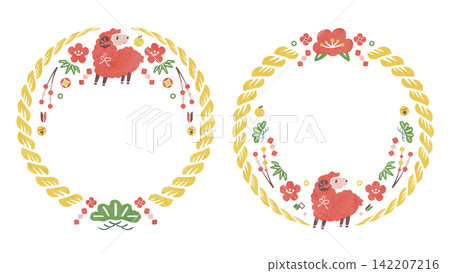 新年相框,圖案為綿羊和注連繩;一套傳統的日本羊年裝飾相框(由和紙製成,圓形)。 新年相框,圖案為綿羊和注連繩;一套傳統的日本羊年裝飾相框(由和紙製成,圓形)。 142207216