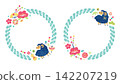 New Year's frame featuring sheep and Shimenawa (traditional Japanese rope decoration), set of Japanese-style decorative frames for the Year of the Sheep (watercolor, round). 142207219