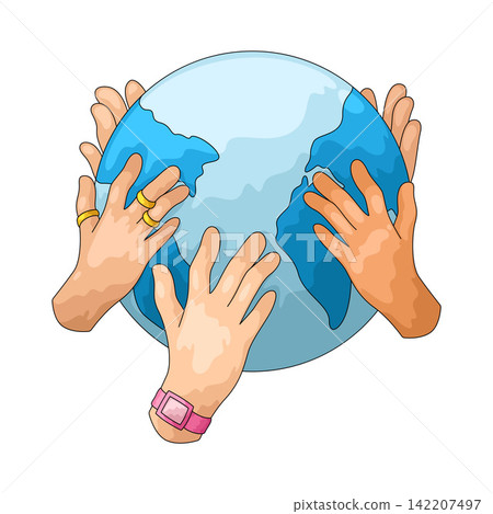 Illustration of Diverse Hands Holding Globe 142207497