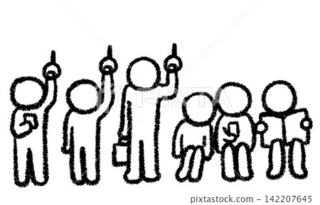 A hand-drawn illustration of people holding onto straps and people sitting. A hand-drawn illustration of people holding onto straps and people sitting. 142207645
