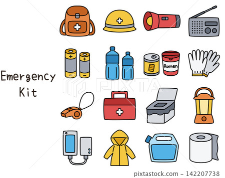 Disaster preparedness goods, disaster relief illustration icon set, color (cute, simple, vector) Disaster preparedness goods, disaster relief illustration icon set, color (cute, simple, vector) 142207738