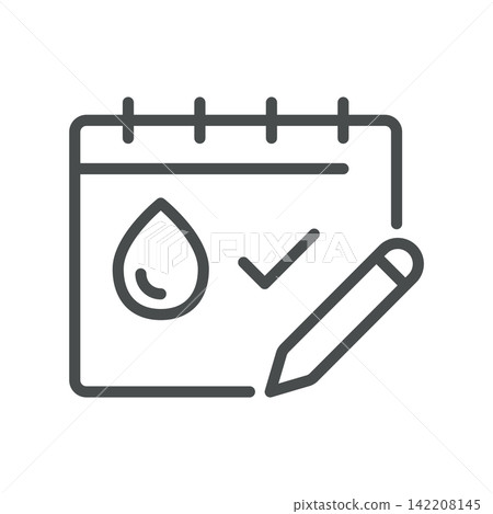 Cycle Tracking icon. Calendar, blood drop, check mark and pencil. Simple thin line outline vector illustration. Cycle Tracking icon. Calendar, blood drop, check mark and pencil. Simple thin line outline vector illustration. 142208145