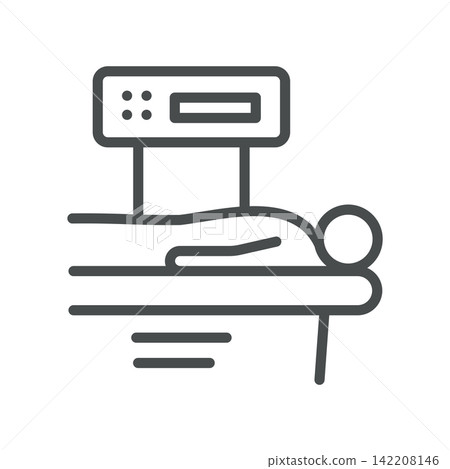 DEXA Bone Scan icon. Patient on a bone density scanner. Simple thin line outline vector illustration. DEXA Bone Scan icon. Patient on a bone density scanner. Simple thin line outline vector illustration. 142208146