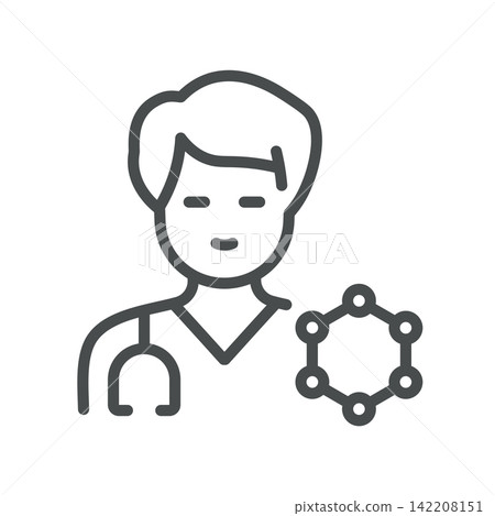 Endocrinologist icon. Doctor with stethoscope and hormone molecule. Simple thin line outline vector illustration. Endocrinologist icon. Doctor with stethoscope and hormone molecule. Simple thin line outline vector illustration. 142208151