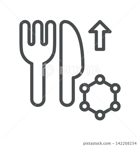 Ghrelin icon. Fork, knife, up arrow and hormone molecule. Simple thin line outline vector illustration. Ghrelin icon. Fork, knife, up arrow and hormone molecule. Simple thin line outline vector illustration. 142208154