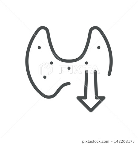 Hypothyroidism icon. Thyroid gland and downward arrow. Simple thin line outline vector illustration. Hypothyroidism icon. Thyroid gland and downward arrow. Simple thin line outline vector illustration. 142208173