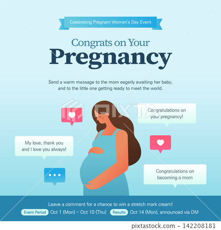 Pregnancy congratulation event banner illustration with pregnant woman and chat bubbles Pregnancy congratulation event banner illustration with pregnant woman and chat bubbles 142208181