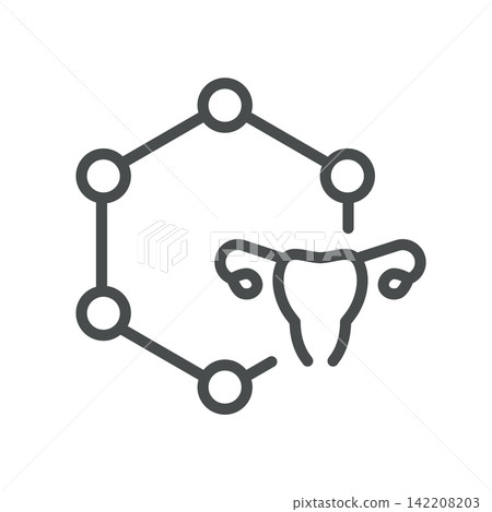 Progesterone icon. Hormone molecule, uterus and ovaries. Simple thin line outline vector illustration. 142208203