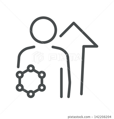 Puberty Hormones icon. Young person, up arrow and hormone molecule. Simple thin line outline vector illustration. Puberty Hormones icon. Young person, up arrow and hormone molecule. Simple thin line outline vector illustration. 142208204