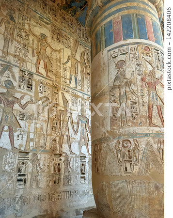 Medinet Habu, the mortuary temple of Ramesses III, located on the west bank of Luxor, Egypt. 142208406