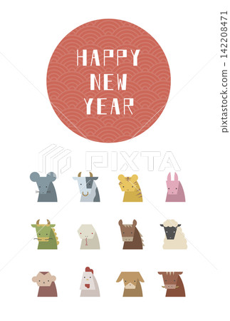 扁平化插畫:新年快樂,十二生肖(直式版) 扁平化插畫:新年快樂,十二生肖(直式版) 142208471