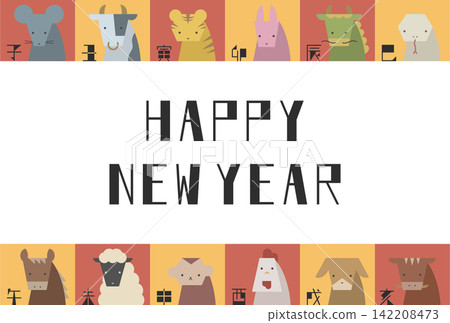扁平化插畫：新年快樂，十二生肖（橫版） 142208473