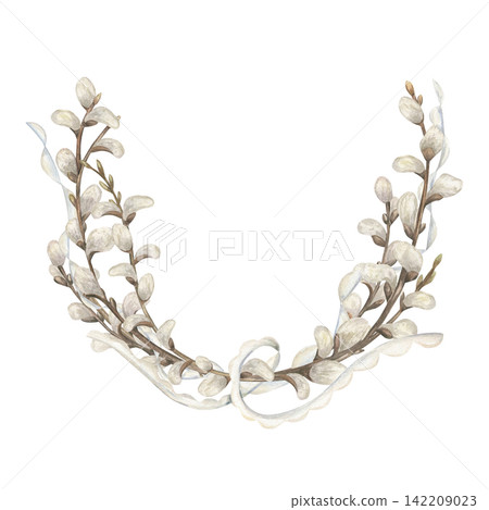 Watercolor hanging top border featuring willow branches with soft white and pale gray catkins. Delicate spring floral half garland for Easter greeting card and wedding invitation design. Watercolor hanging top border featuring willow branches with soft white and pale gray catkins. Delicate spring floral half garland for Easter greeting card and wedding invitation design. 142209023