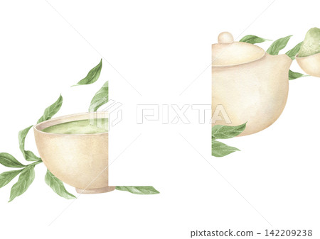 Watercolor matcha tea bowl and teapot with green tea leaf border on isolated background with vertical blank space. Traditional Japanese tea ceremony frame for cafe menu, recipe card, wellness label Watercolor matcha tea bowl and teapot with green tea leaf border on isolated background with vertical blank space. Traditional Japanese tea ceremony frame for cafe menu, recipe card, wellness label 142209238