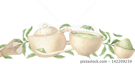 Watercolor traditional Japanese matcha tea horizontal botanical border on isolated background. Ceramic teapot, chawan bowl, bamboo whisk and green tea leaves. Asian tea ceremony and organic beverage Watercolor traditional Japanese matcha tea horizontal botanical border on isolated background. Ceramic teapot, chawan bowl, bamboo whisk and green tea leaves. Asian tea ceremony and organic beverage 142209239