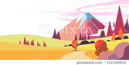 富士山和秋葉的秋季風景插圖 - 背景向量素材 富士山和秋葉的秋季風景插圖 - 背景向量素材 142209816