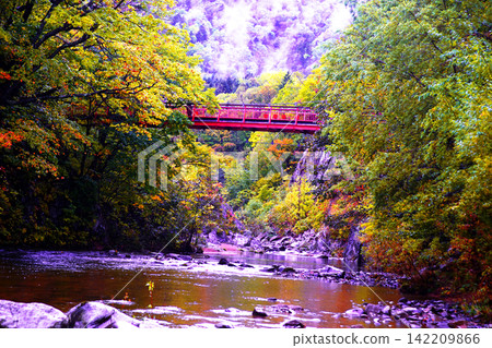 深秋時節的壯麗景色:定山溪溫泉的二見吊橋 深秋時節的壯麗景色:定山溪溫泉的二見吊橋 142209866