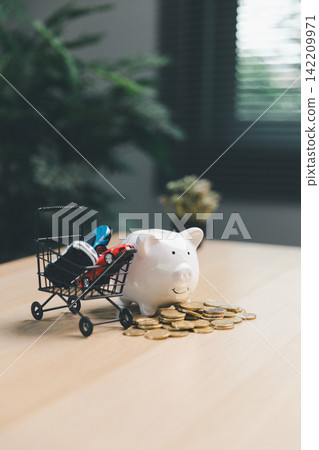 Shopping cart with miniature cars, piggy bank, and coins on desk, illustrating car shopping, auto loan, vehicle purchase budget, savings, and consumer finance concept. Shopping cart with miniature cars, piggy bank, and coins on desk, illustrating car shopping, auto loan, vehicle purchase budget, savings, and consumer finance concept. 142209971