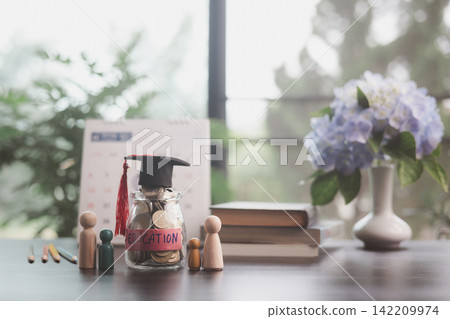 Family figures surround an education savings jar topped with a graduation cap, highlighting college funding, tuition planning, parental support, deadlines, and future academic success. Family figures surround an education savings jar topped with a graduation cap, highlighting college funding, tuition planning, parental support, deadlines, and future academic success. 142209974