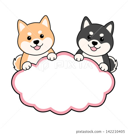 一幅邊框插圖，畫中一隻可愛的柴犬和一隻黑色的柴犬，配有雲朵形狀的對話框。 142210405