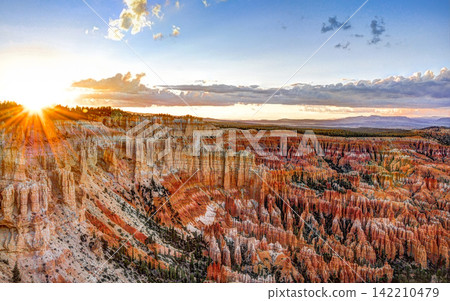 Bryce Canyon Sunrise Over Red Rock Hoodoos and Desert Landscape Bryce Canyon Sunrise Over Red Rock Hoodoos and Desert Landscape 142210479