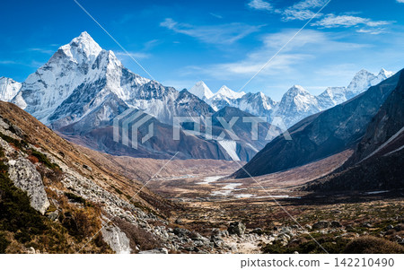 Himalayan Snow Mountains and Valley Landscape Panorama 142210490