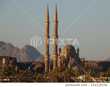 Mosque Minarets at Sunset with Desert Mountains and Palm Trees Mosque Minarets at Sunset with Desert Mountains and Palm Trees 142210536