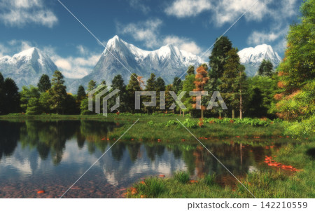 Mountain Lake Landscape with Snowy Peaks and Forest Reflection Mountain Lake Landscape with Snowy Peaks and Forest Reflection 142210559