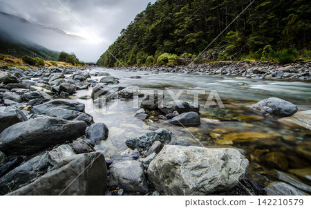 Rocky Mountain River in Misty Forest Landscape Rocky Mountain River in Misty Forest Landscape 142210579
