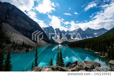 Turquoise Alpine Lake and Rocky Mountains Panoramic Landscape Turquoise Alpine Lake and Rocky Mountains Panoramic Landscape 142210581
